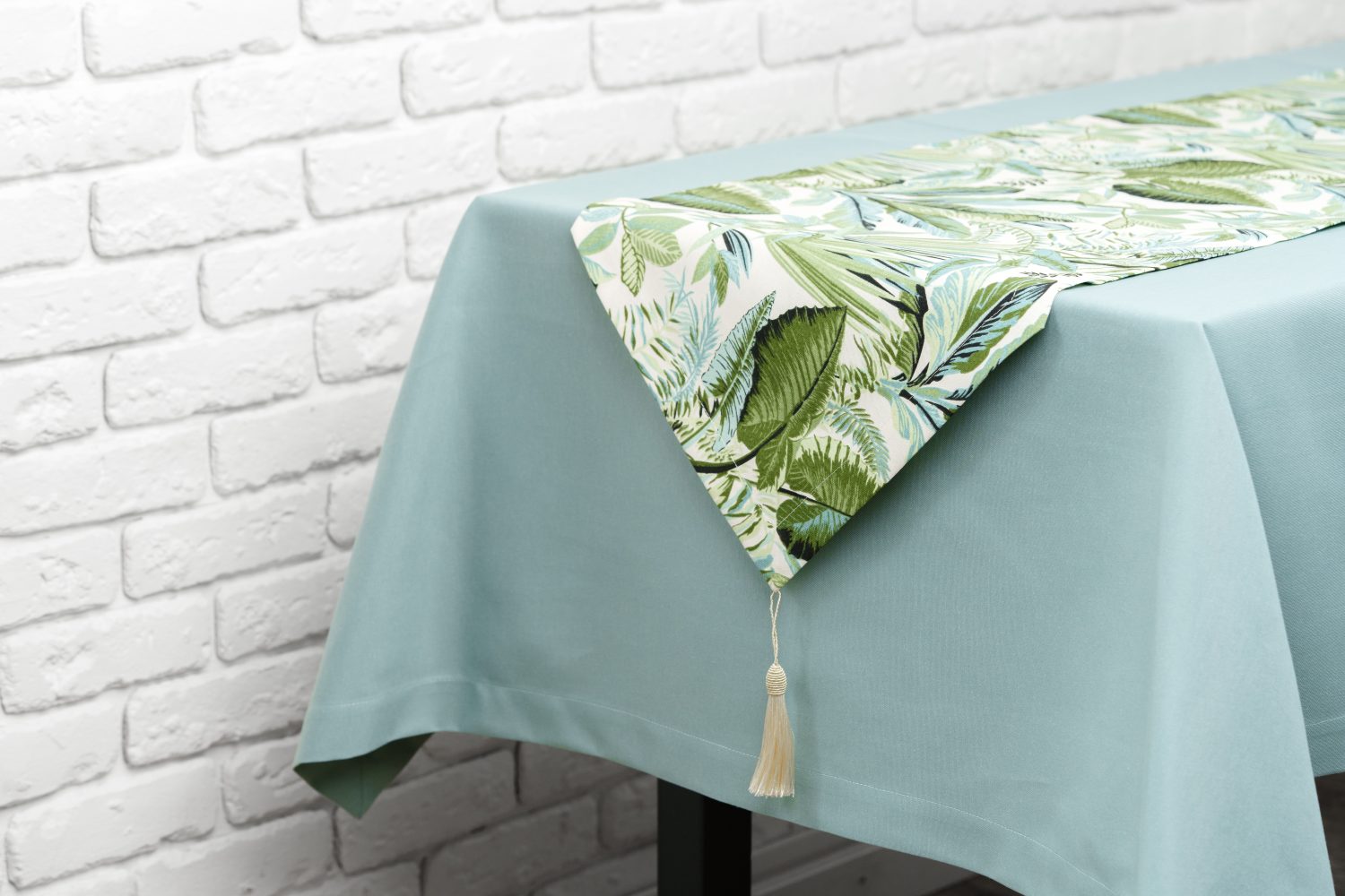 Light Blue Tablecloth With Tropical Leaf Table Runner